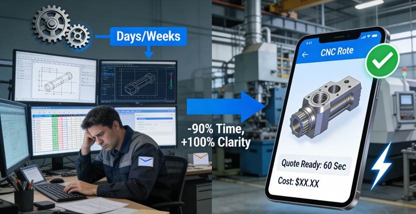 Infographic comparing the traditional manual CNC machining quote process taking days to a modern automated instant quote platform delivering results in 60 seconds, highlighting time and clarity savings.
