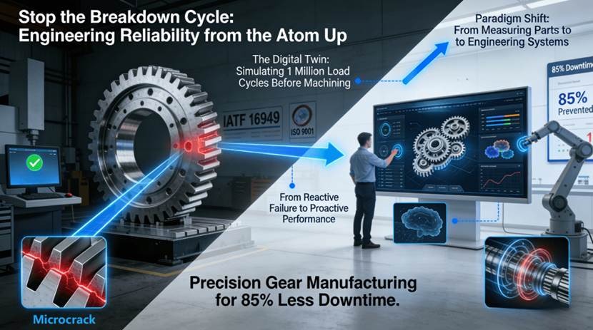 A high-impact industrial photo contrasting two paradigms. On the left, a seemingly "in-spec" gear with a hidden micro-crack under a CMM. On the right, in a bright engineering hub, a digital twin on a large screen simulates dynamic loads and fatigue life for a robotic joint transmission. A glowing arrow connects the physical flaw to the virtual solution, visualizing the shift to proactive system engineering
