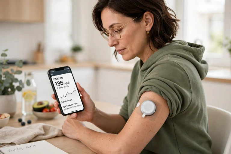Adult with type 2 diabetes wearing a continuous glucose monitor and checking readings on a smartphone