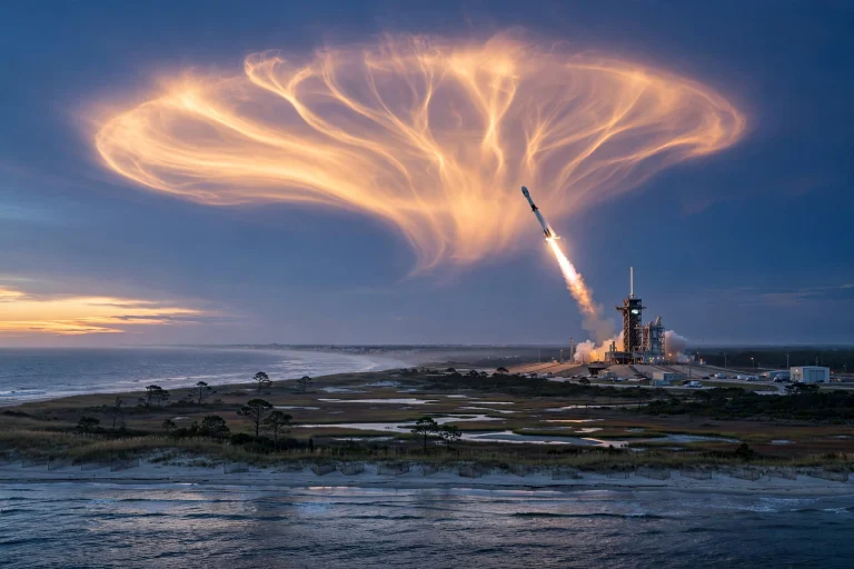 SpaceX rocket launch creating a glowing jellyfish cloud in the twilight sky off the US east coast